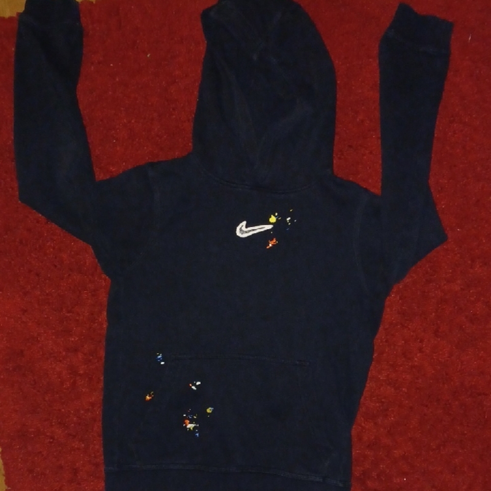 Nike Navy Hoodie with White Logo and Colorful Accents